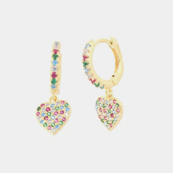 Orecchini in Argento 925 cerchietto con cuore pendente, arricchito da zirconi multicolore