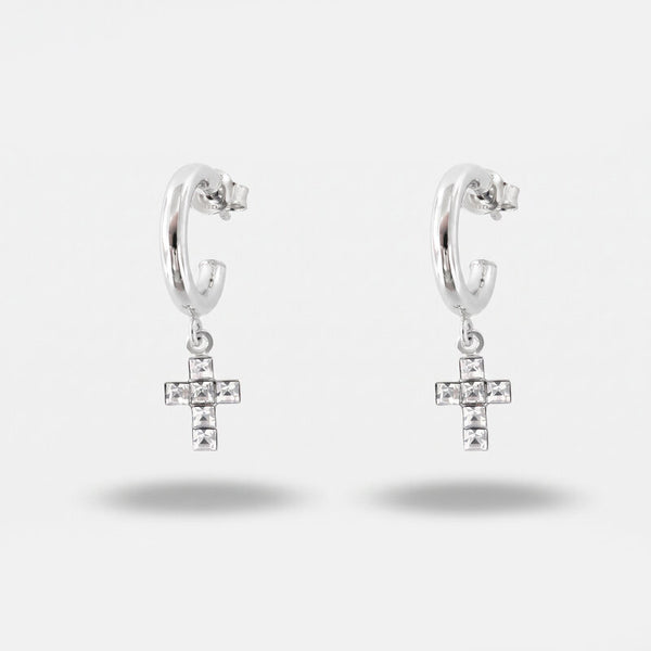 Orecchini in Argento 925 a cerchietto, con croci di cristalli bianchi - BYSIMON gioielli