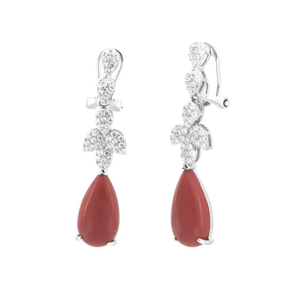 Orecchini in Argento 925 con pendente a forma di goccia effetto corallo impreziosito da zirconi bianchi
