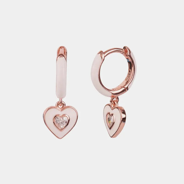 Orecchini in Argento 925 cerchietti con chiusura a scatto, e cuore pendente impreziosito da smalto bianco e zircone