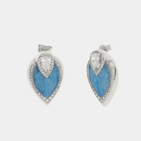 Orecchini in Argento 925 a forma di foglia impreziositi da zirconi bianchi e smalto blu