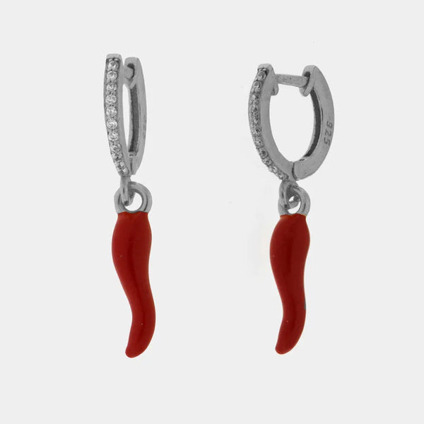 Orecchini in Argento 925 a cerchietto con corno in smalto rosso pendente - BYSIMON gioielli