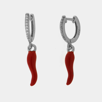 Orecchini in Argento 925 a cerchietto con corno in smalto rosso pendente
