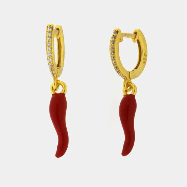 Orecchini in Argento 925 a cerchietto con corno in smalto rosso pendente - BYSIMON gioielli