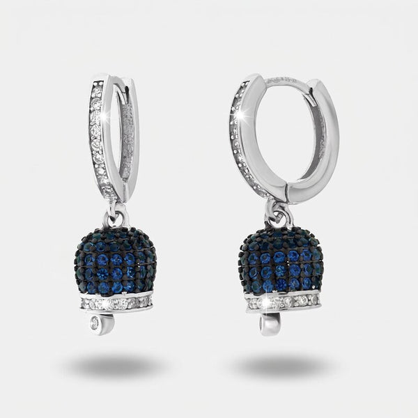 Orecchini in Argento 925 con campanella portafortuna tempestata da zirconi blu