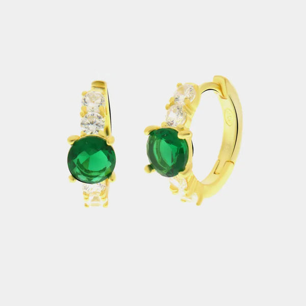 Orecchini in Argento 925 pllaccati oro con zircone verde centrale e punti luce bianchi - BYSIMON gioielli