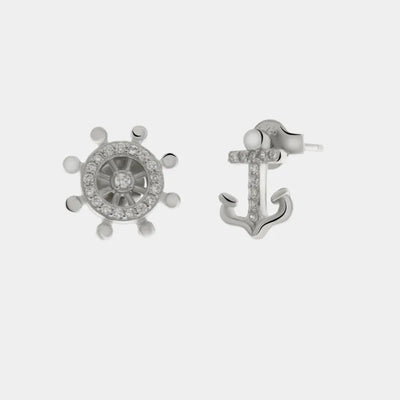 Orecchini in Argento 925 a forma di timone e ancora con zriconi bianchi BYSIMON - gioiello BySimon