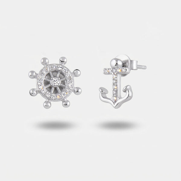 Orecchini in Argento 925 a forma di timone e ancora con zriconi bianchi BYSIMON - gioiello BySimon