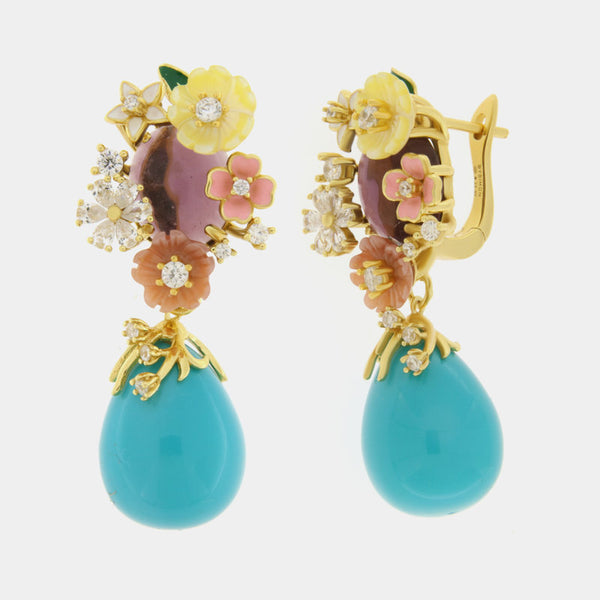 Orecchini in Argento 925 con fiori in madreperla e perla turchese - BYSIMON gioielli