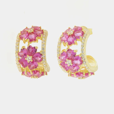Orecchini argento 925 semicerchi con fiori rosa - BYSIMON gioielli