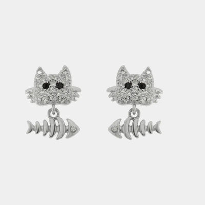 Sterling Silver 925 Earrings with Cat and Fishbone
