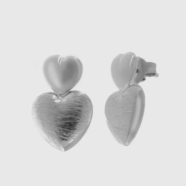 Orecchini argento 925 con doppio cuore graffiato e lucido - BYSIMON gioielli