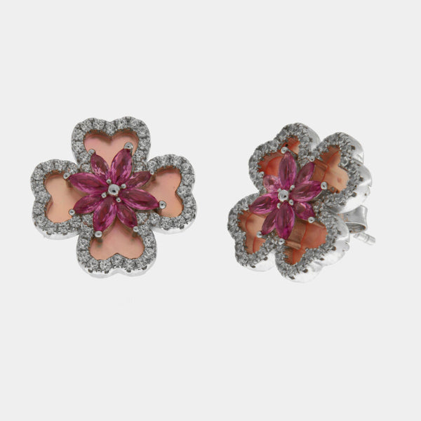 Orecchini argento 925 quadrifoglio in madreperla e fiore rosa - BYSIMON gioielli