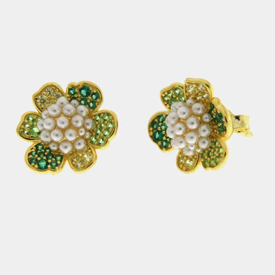 Orecchini in Argento 925 fiore zirconato verde con perle - BYSIMON gioielli