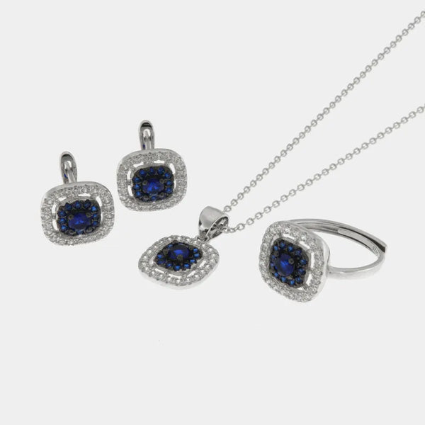 Set in Argento 925 con forma quadrata impreziosita da zirconi blu e bianchi