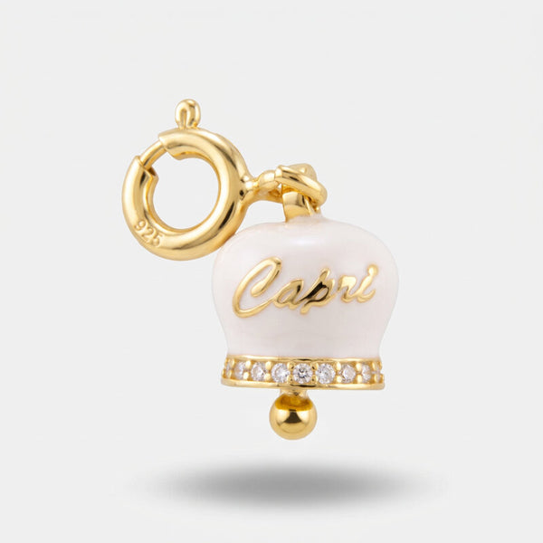 Ciondolo in Argento 925 campanella con scritta capri bianca in gold