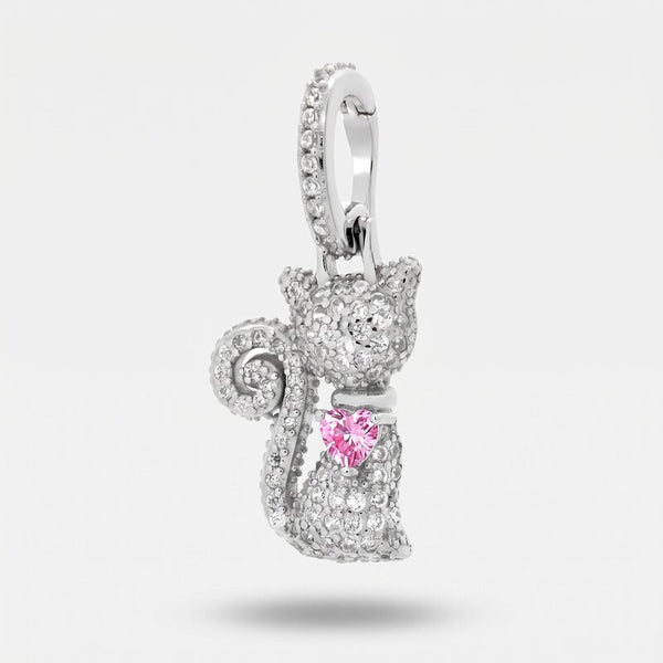 Ciondolo in Argento 925 con gatto e cuore rosa - BYSIMON gioielli