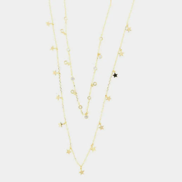 Sterling Silver 925 Necklace with a double-strand chain embellished with dangling stars and sparkle points