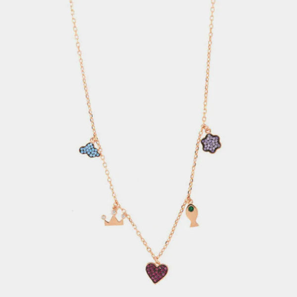 Collana in Argento 925 con pendenti a forma di nuvola, corona, cuore, pesciolino e fiore con zirconi colorati