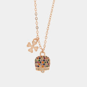 925 Silver Necklace with Lucky Bell Charm featuring Four-Leaf Clover and Multicolor Cubic Zirconia