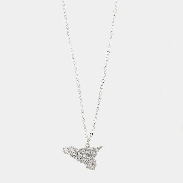 Collana in Argento 925 con ciondolo isola di Sicilia impreziosita da pavè di zirconi bianchi - BYSIMON gioielli