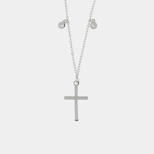 Collana in Argento 925 con croce pendente di zirconi bianchi e punti luce ai lati - BYSIMON gioielli