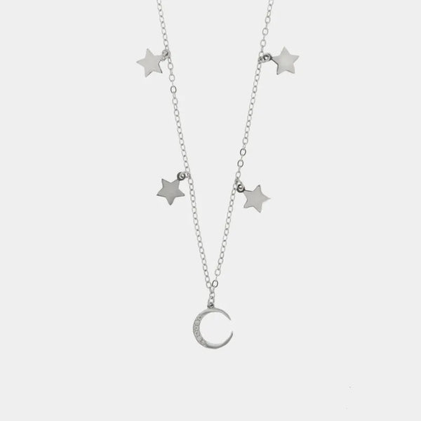 Collana in Argento 925 con mezza luna adornata di zirconi bianchi e stelline lisce pendenti ai lati - BYSIMON gioielli
