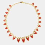 Collana in Argento 925 girocollo impreziosito da pendenti a forma di foglia con zirconi bianchi e smalto rosso