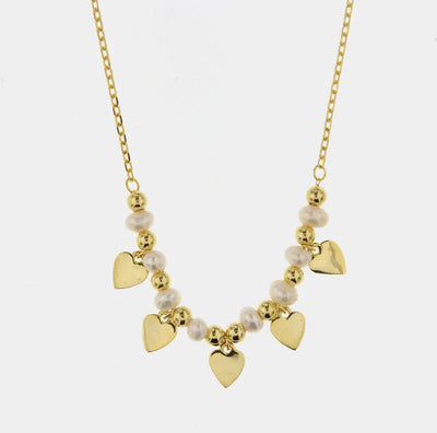 Necklace in 925 Silver with pearls and hanging hearts
