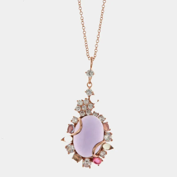 Collana in Argento 925 con pendente con dettaglio floreale e pietra naturale con zirconi multicolor e bianchi