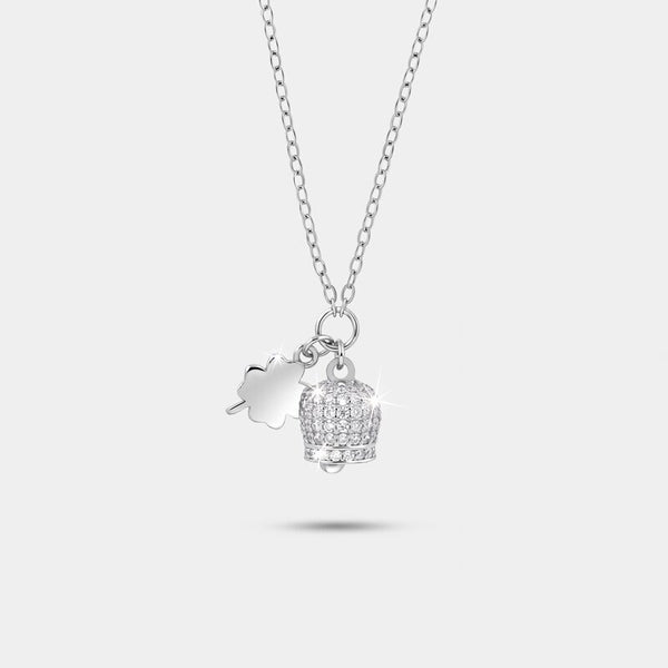 Collana in Argento 925 campanella portafortuna con quadrifoglio e cubic zirconi