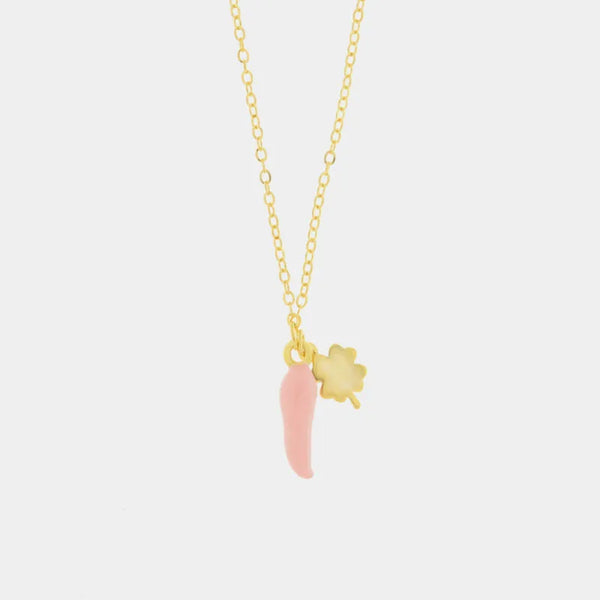 Collana in Argento 925 con cornetto portafortuna rosa e quadrifoglio - BYSIMON gioielli
