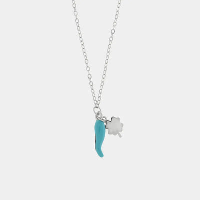 Collana in argento 925 con cornetto portafortuna turchese e quadrifoglio | collana cornetto argento | BYSIMON