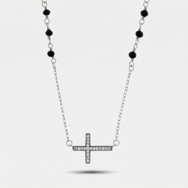 Collana in Argento 925 con croce e sfere nere - BYSIMON gioielli