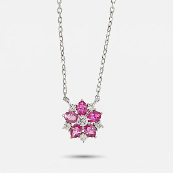Collana in Argento 925 Fiore petali magenta e zirconi