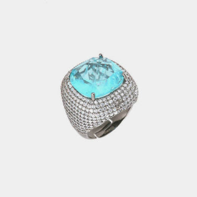 Anello in Argento 925 con grande zircone azzurro, turchese e zirconi bianchi SIMEONE - gioiello BySimon