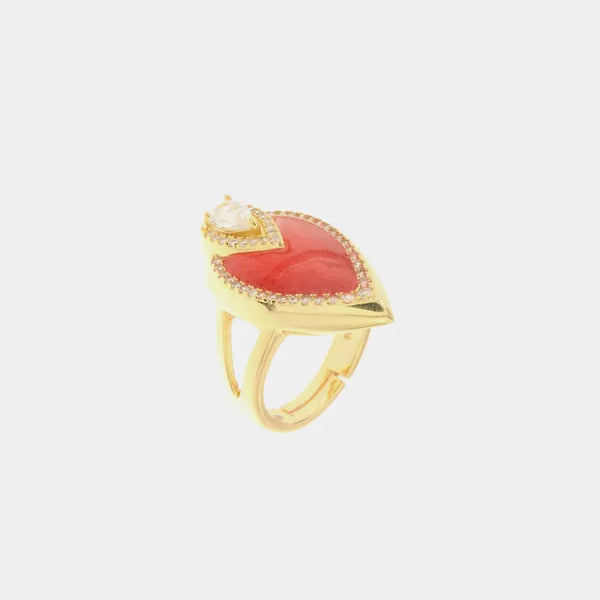 Anello in Argento 925 a forma di foglia impreziosito da zirconi bianchi e smalto rosso