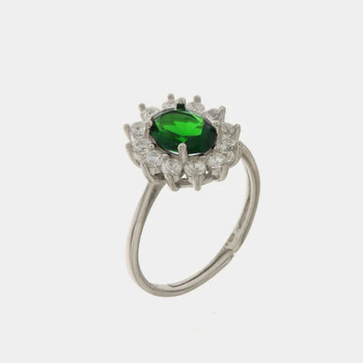 Anello in Argento 925 solitario con zirconi bianchi e zircone centrale verde smeraldo - BYSIMON gioielli