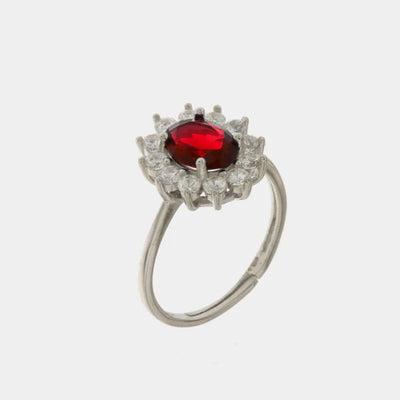 Anello in Argento 925 solitario con zirconi bianchi e zircone centrale rosso rubino - BYSIMON gioielli