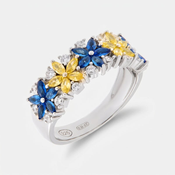 Anello in Argento 925 con fiori di cristallo blue e giallo e zirconi - BYSIMON gioielli