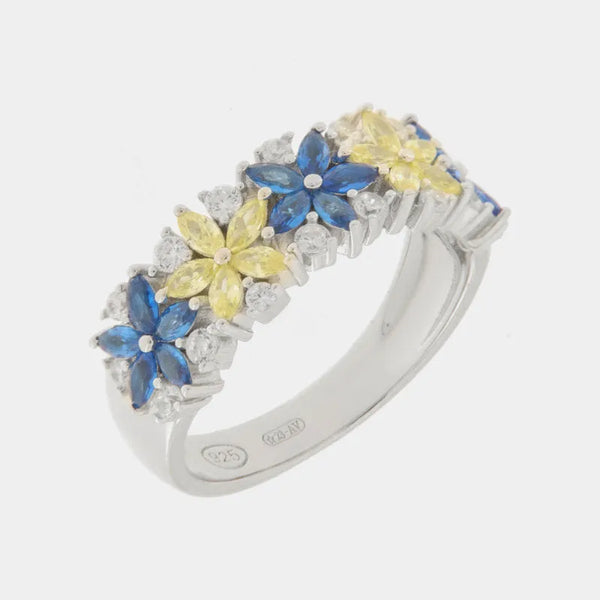 Anello in Argento 925 con fiori di cristallo blue e giallo e zirconi - BYSIMON gioielli