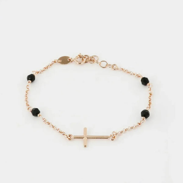 Bracciale in Argento 925 rosario con croce e cristalli neri.