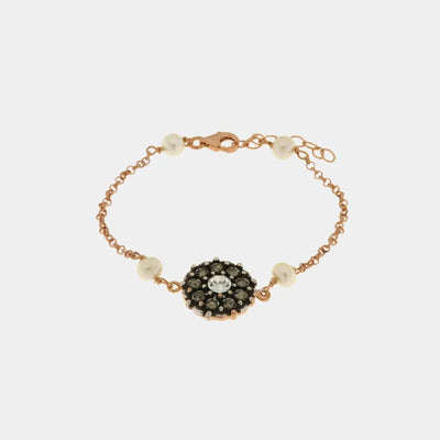 Bracciale in Argento 925 a forma di fiore stile antico con cristalli fume' e perline