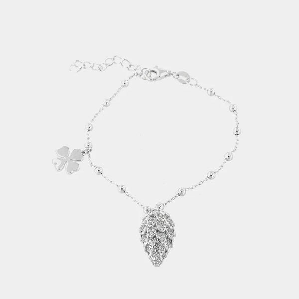 Bracciale in Argento 925 ciondolo pigna con zirconi bianchi e quadrifoglio
