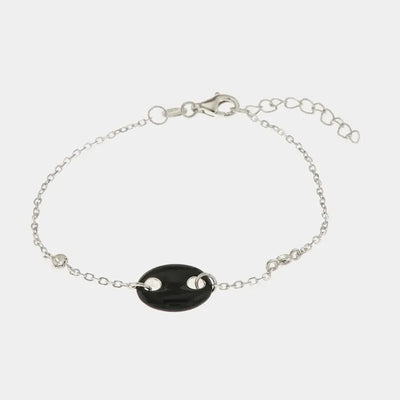 Bracciale in Argento 925 maglia a catena con dettaglio in cristalli e maglia marina smaltata nera