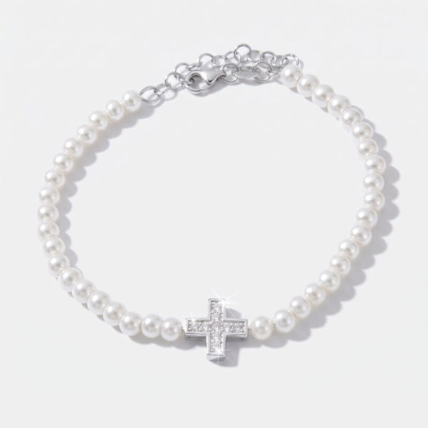 Bracciale in Argento 925 con perle di acqua dolce e croce centrale - BYSIMON gioielli