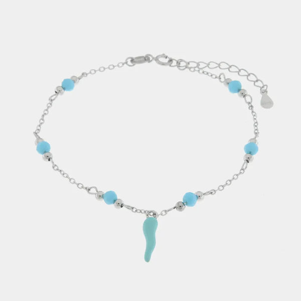Bracciale in argento 925 con corno azzurro portafortuna | cornetto portafortuna argento | BYSIMON