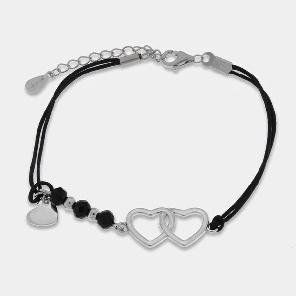 Bracciale in Argento 925 cuori intrecciati e cordino nero - BYSIMON gioielli