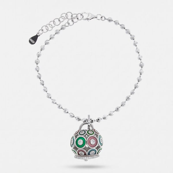Bracciale in Argento 925 con campanella impreziosita da zirconi e smalti colorati