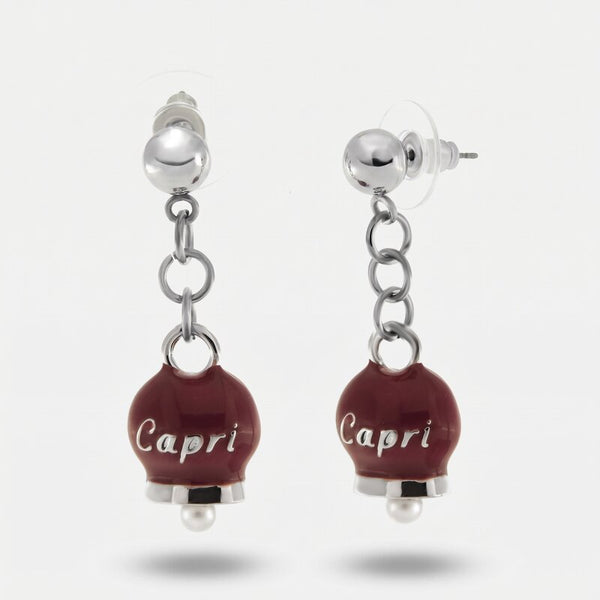 Orecchini in Acciaio con campanella pendente rosso con scritta Capri - BYSIMON gioielli